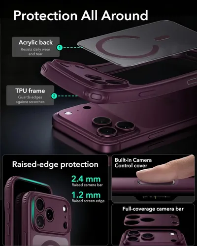 ESR Classic Hybrid Frosted Deep Burgundy MagSafe Case with Camera Control for iPhone 18 Pro / 17 Pro Series