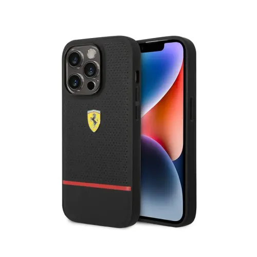 Ferrari Genuine Leather Case Perforated and Bottom Contrasted Line iPhone 14 Pro - Black