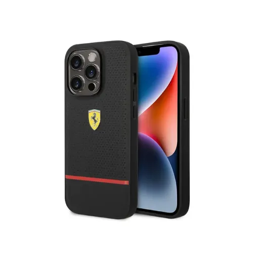 Ferrari Genuine Leather Case Perforated and Bottom Contrasted Line iPhone 14 Pro Max – Black