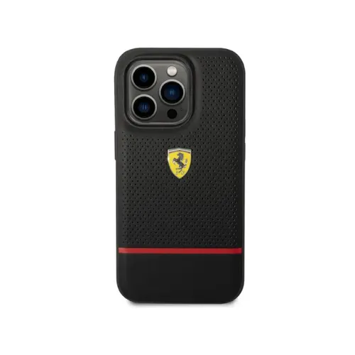 Ferrari Genuine Leather Case Perforated and Bottom Contrasted Line iPhone 14 Pro Max - Black