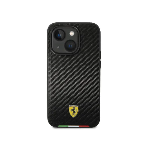 Ferrari HC PU Carbon Effect Case With Italian Flag Line For iPhone 14 - Black