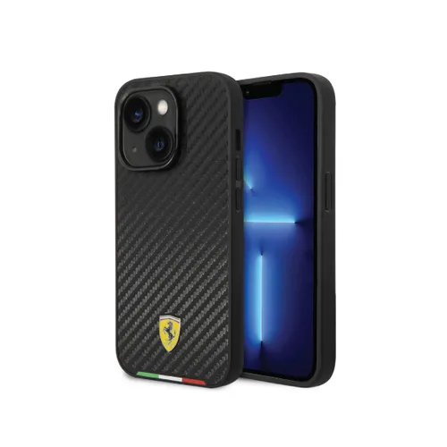 Ferrari HC PU Carbon Effect Case With Italian Flag Line For iPhone 14 - Black