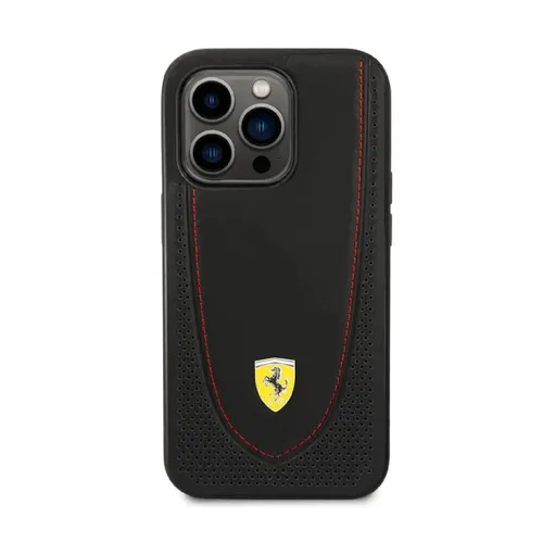 Ferrari Magsafe Compatibility Genuine Leather Hard Case with Curved Line Stitched iPhone 14 Pro Max Compatibility - Black