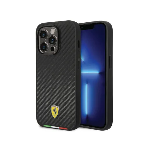 Ferrari Magsafe Compatibility Hard PU Smooth Case with Italian Flag Line & Metal Logo iPhone 14 Pro Max Compatibility - Black