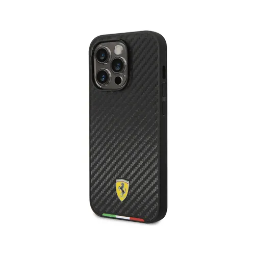 Ferrari Magsafe Compatibility Hard PU Smooth Case with Italian Flag Line & Metal Logo iPhone 14 Pro Max Compatibility - Black