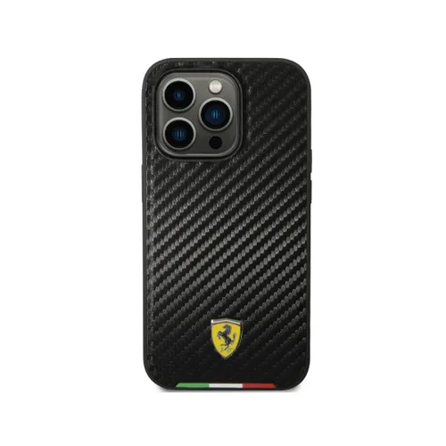 Ferrari Magsafe Compatibility Hard PU Smooth Case with Italian Flag Line & Metal Logo iPhone 14 Pro Max Compatibility - Black