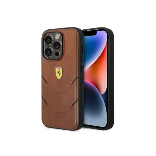 Ferrari PU Leather Case Hot Stamp Contrasted Lines iPhone 14 Pro Max - Brown