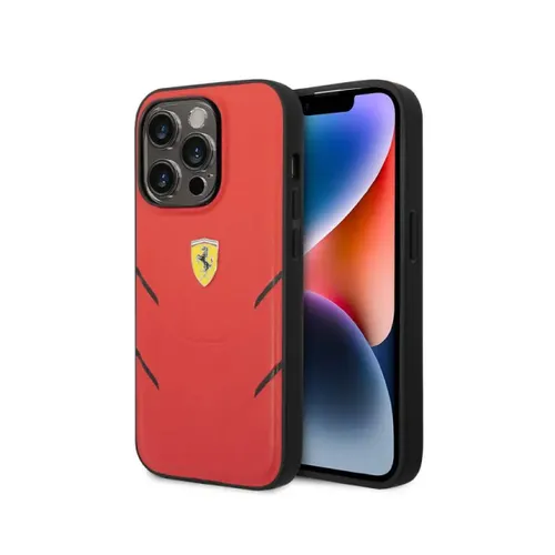 Ferrari PU Leather Case Hot Stamp Contrasted Lines iPhone 14 Pro - Red