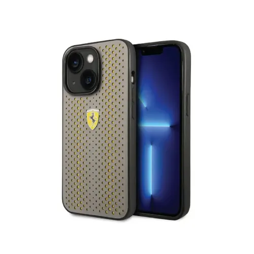 Ferrari PU Leather Perforated Case with Nylon Base &amp; Yellow Shield Logo iPhone 14 Compatibility - Yellow