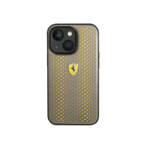 Ferrari PU Leather Perforated Case with Nylon Base &amp; Yellow Shield Logo iPhone 14 Compatibility - Yellow