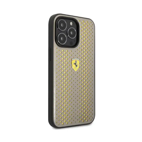 Ferrari PU Leather Perforated Case with Nylon Base & Yellow Shield Logo iPhone 14 Pro Max Compatibility - Yellow