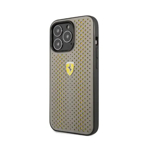 Ferrari PU Leather Perforated Case with Nylon Base &amp; Yellow Shield Logo iPhone 14 Pro Max Compatibility - Yellow
