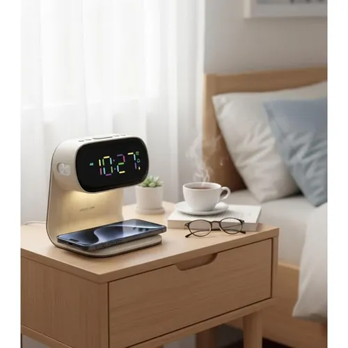 Green Lion Bedside Clock with Wireless Charger and Night Light