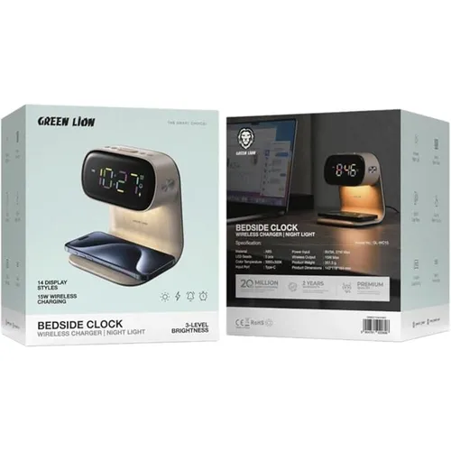 Green Lion Bedside Clock with Wireless Charger and Night Light