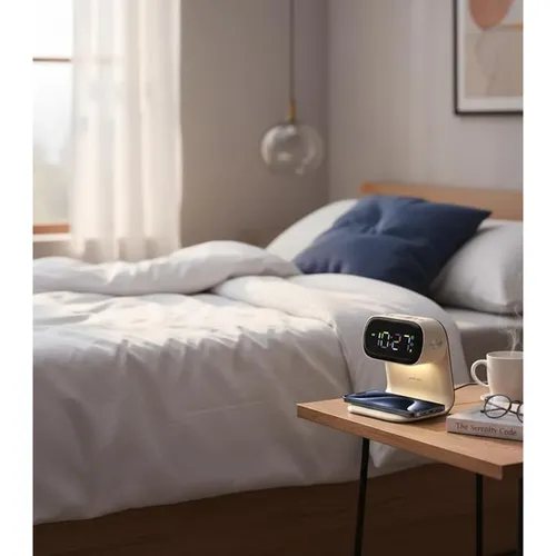 Green Lion Bedside Clock with Wireless Charger and Night Light