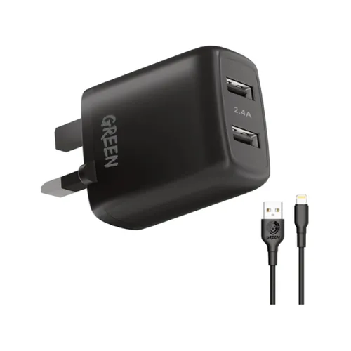 Green Lion Dual USB Port Wall Charger 12W UK with PVC Lightning Cable 1.2M Black – GNC24AIP6BK