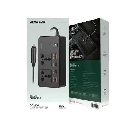 Green Lion GC-200 200W 2 Socket Car Inverter with 24W 2 USB-A + 2USB-C Ports