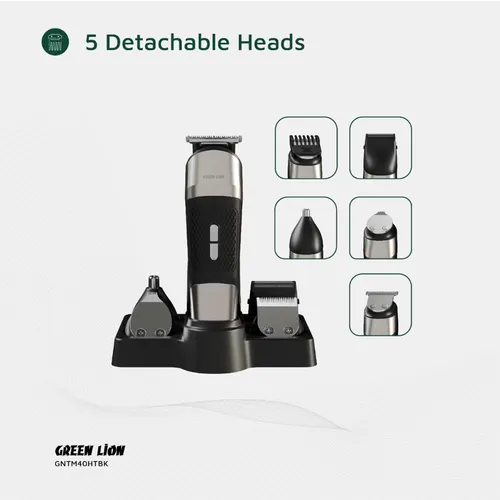 Green Lion GL-TM40 Trim Master 5-in-1 Trimmer with Storage Base, Textured Grip, Type-C Charging, Corded &amp; Cordless Use, Digital Display, Detachable Different Heads