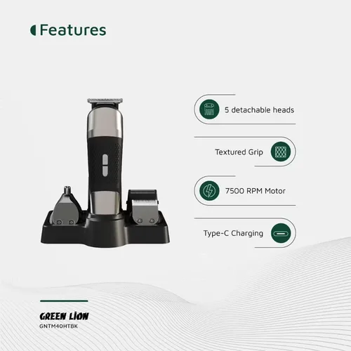 Green Lion GL-TM40 Trim Master 5-in-1 Trimmer with Storage Base, Textured Grip, Type-C Charging, Corded &amp; Cordless Use, Digital Display, Detachable Different Heads