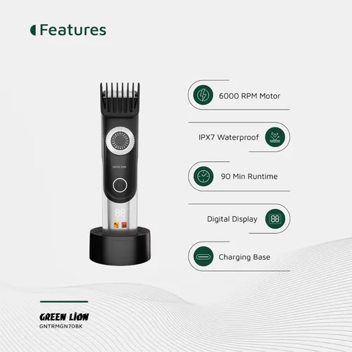Green Lion GL-TM41 Trim Gen”70 Body Hair Trimmer with 3 Speed Levels, LED Status Indicator, Corded &amp; Cordless Use, Charging Base, 1.5 Hours Working Time, 6000RPM Motor