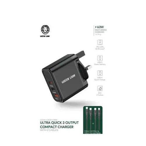 Green Lion Ultra Quick 3 OutPut Compact Charger 50W ( With 2 Cables)