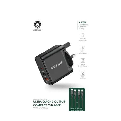 Green Lion Ultra Quick 3 OutPut Compact Charger 50W ( With 2 Cables)