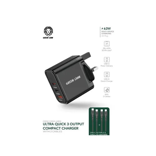 Green Lion Ultra Quick 3 Output Compact Charger with Type-A to Type-C and Type-C to Lightning Cable - Black GN63WUKCBK