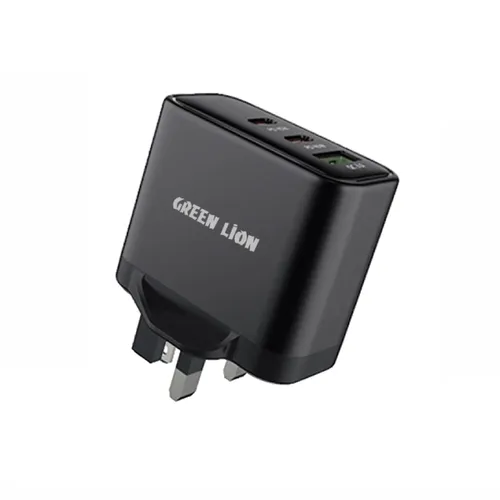 Green Lion Ultra Quick 3 Output Compact Charger with Type-A to Type-C and Type-C to Lightning Cable - Black GN63WUKCBK
