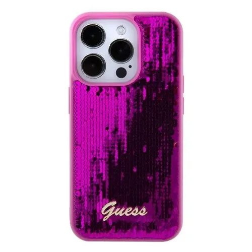 Guess Sequin Script Case with Guess Metal Logo - Fuchsia - iPhone 15 Pro Max