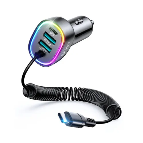 JOYROOM JR-CL19 4 in 1 USB+Type-C 60W Car Charger with 1.6m Coiled Type-C Cable PD QC Fast Charger