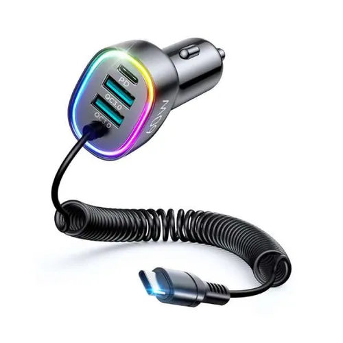 JOYROOM JR-CL19 4 in 1 USB+Type-C 60W Car Charger with 1.6m Coiled Type-C Cable PD QC Fast Charger