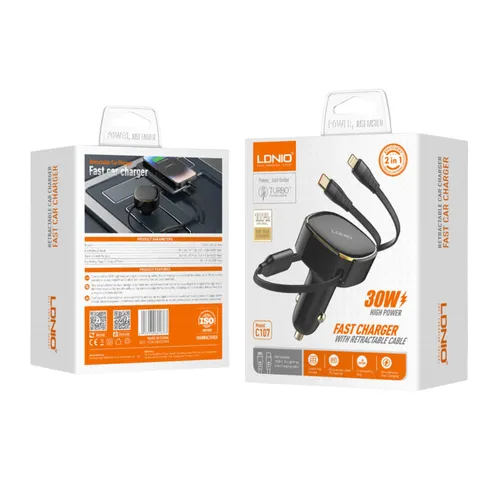 LDNIO C107 30w Car Charger With Retractable Cable