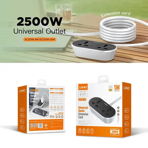 LDNIO SC2018 2500W 2 AC Outlet Universal 10M Extension Cord Power Socket