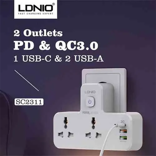 LDNIO SC2311 2 Port with 1 USB-C and 2 USB-A Power Socket - UK