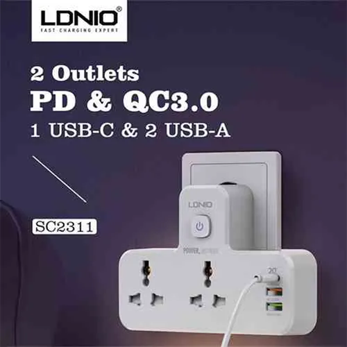 LDNIO SC2311 2 Port with 1 USB-C and 2 USB-A Power Socket – UK