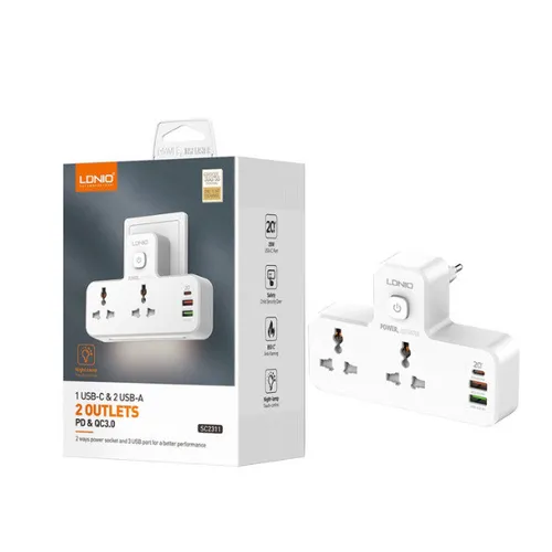 LDNIO SC2311 2 Port with 1 USB-C and 2 USB-A Power Socket UK Plug