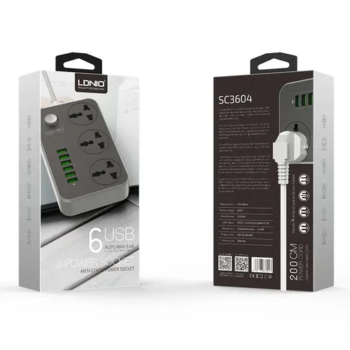 LDNIO SC3604 6 USB + 3 Power Socket Extension Power Cord