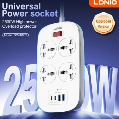 LDNIO SC4407C 4 Power Socket 2500W 2 USB + 2 PD Extension Power Cord