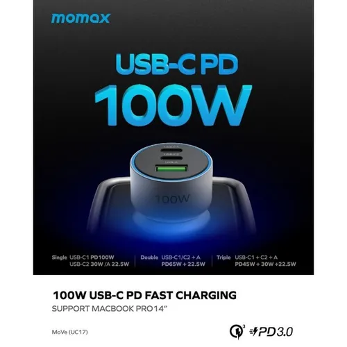 Momax MoVe UC17 100W 3 Port Car Charger