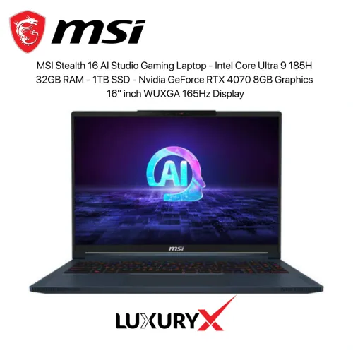 MSI Stealth 16 AI Studio Gaming Laptop Ultra 9 185H, RTX 4070, 32GB RAM, 1TB SSD, 16″ QHD+ 240Hz