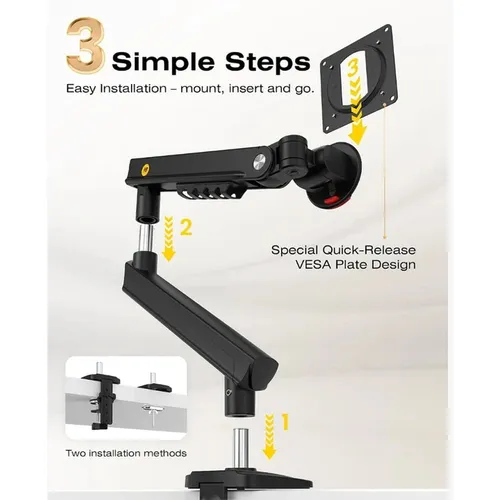 NB A3 Ergonomic Aluminum Alloy Monitor Arm with Quick-Install, Supports 17-32 Inch Computer Screen Bracket, Upto 9kg Load Capacity