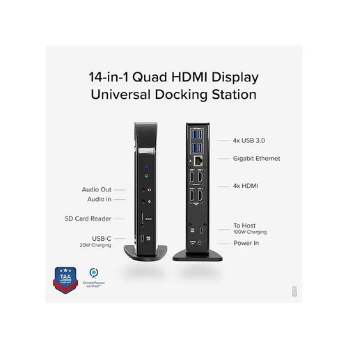 Plugable UD-3900C4-UK 14-in-1 USB-C 4 HDMI Displays Docking Station