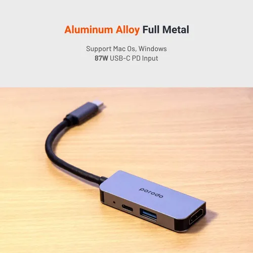 Porodo 3 in 1 Aluminum USB-C to HUB