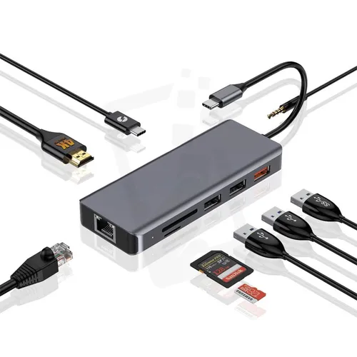 Porodo 9in1 USB-C Hub Type-C PD 100W HDMI Ethernet USB SD Card 3.5mm Aux
