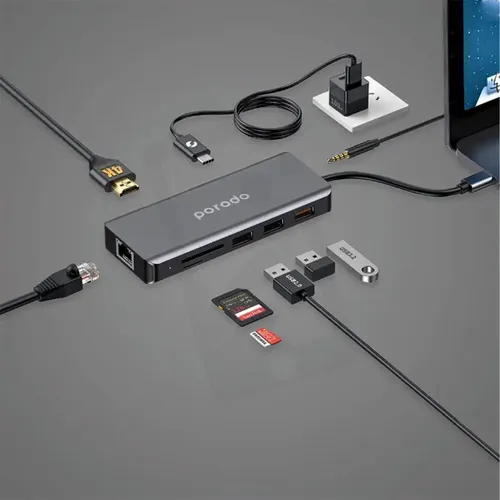 Porodo 9in1 USB-C Hub Type-C PD 100W HDMI Ethernet USB SD Card 3.5mm Aux