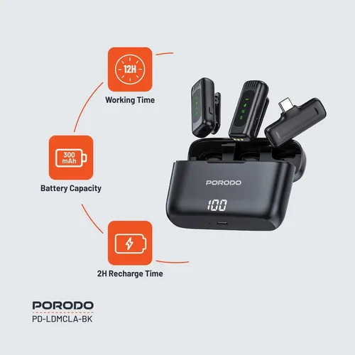 Porodo Lavalier Double Microphones Type-C Connector with Lightning Adapter and Charging Case