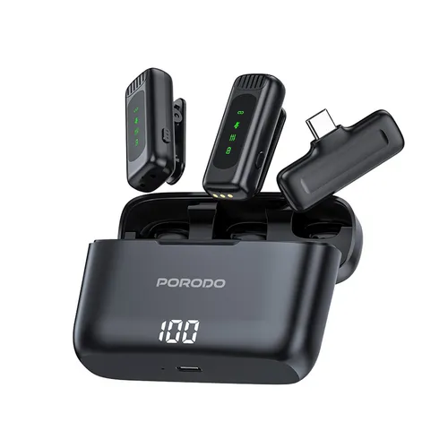 Porodo Lavalier Double Microphones Type-C Connector with Lightning Adapter and Charging Case