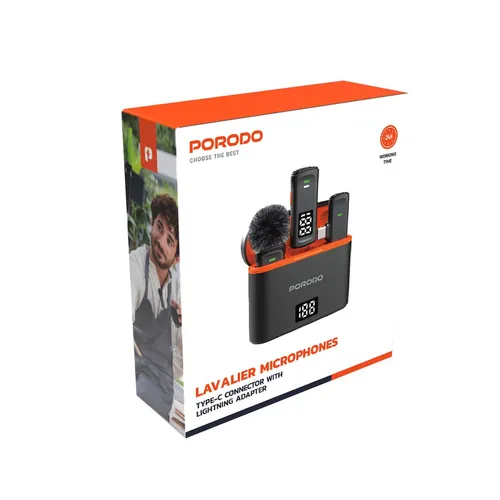 Porodo Lavalier Microphones Type-C Connector with Lightning Adapter and Charging Case