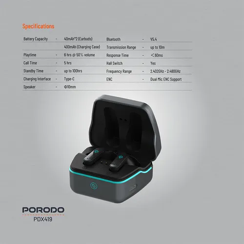 Porodo PDX419 Ultra Low-Latency Dual Mic with ENC RGB Gaming Earbuds