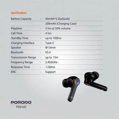 Porodo PDX420 Ultra Low-Latency Dual Mic RGB Gaming Earbuds
